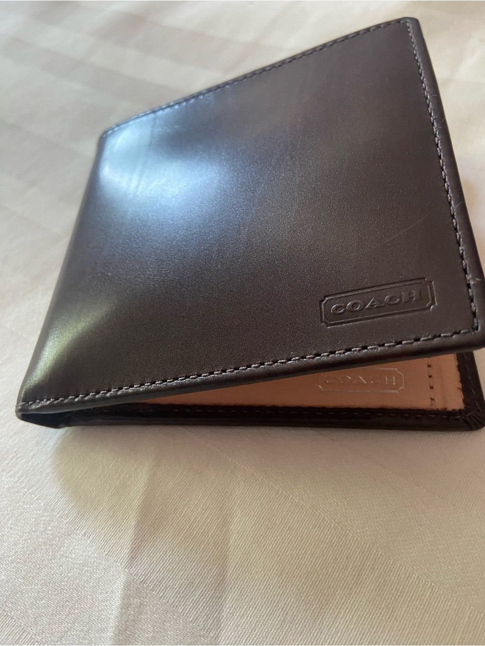Coach Calf Leather Bi-Fold Wallet in Dark Brown with Cowhide Tan Interior